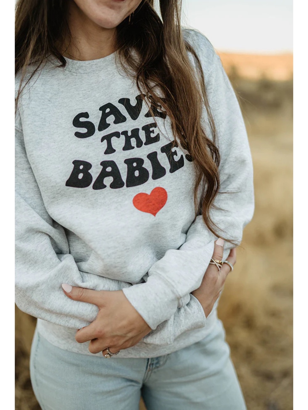 Gray "Save The Babies" Graphic Sweatshirt with Red Heart - Picture 1 of 3